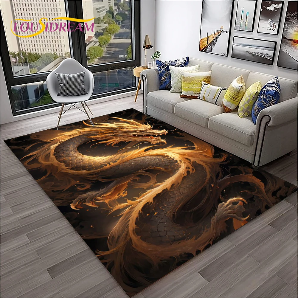 3D China Dragon Myth Art Cartoon Carpet Rug for Home Living Room Bedroom Sofa Doormat Decor,Kid Play Area Rug Non-slip Floor Mat