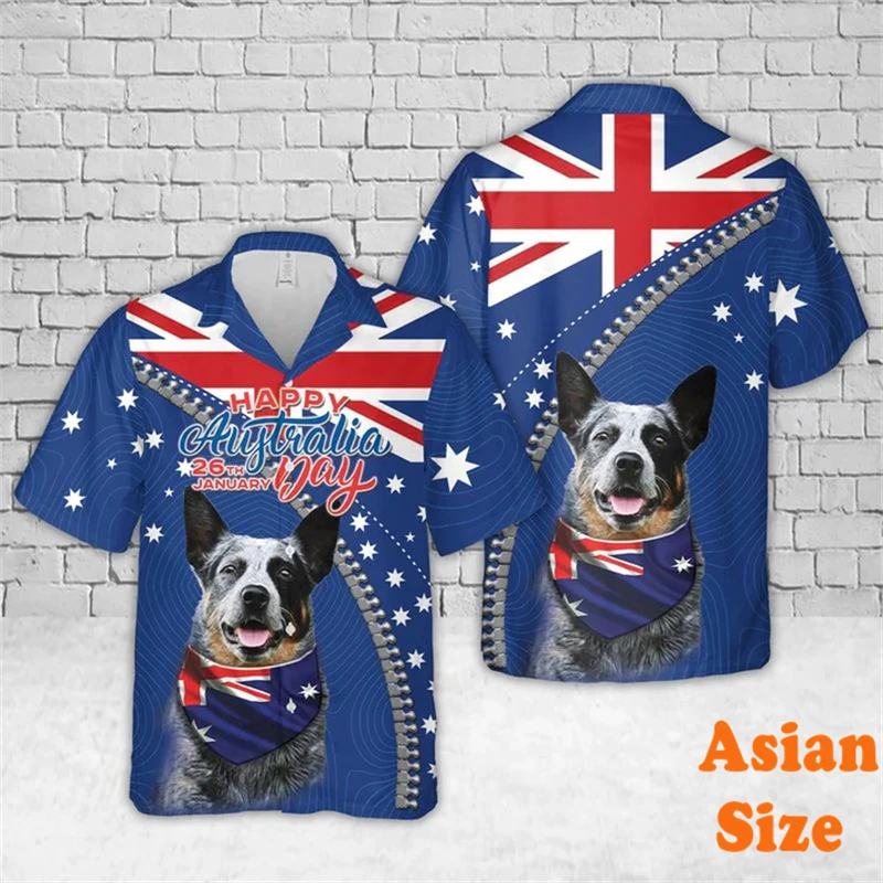 Australia Flag Shirt Men's Clothing Celebration Day Lapel Button Shirts Fashion Sports Trend Dog Pattern Street Popular Blouse