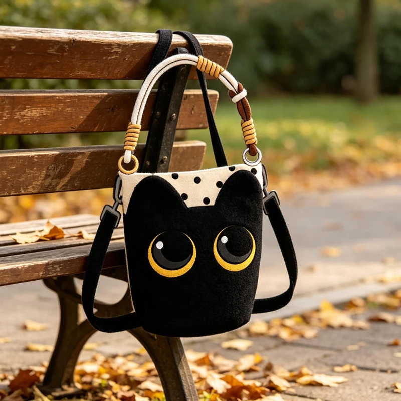 Gepunktete Cartoon-Katzen-Canvas-Umhängetasche, Niedliche Schwarze Kätzchen-Beuteltasche, Geräumige Casual-Shopper-Tragetasche – Detail 2