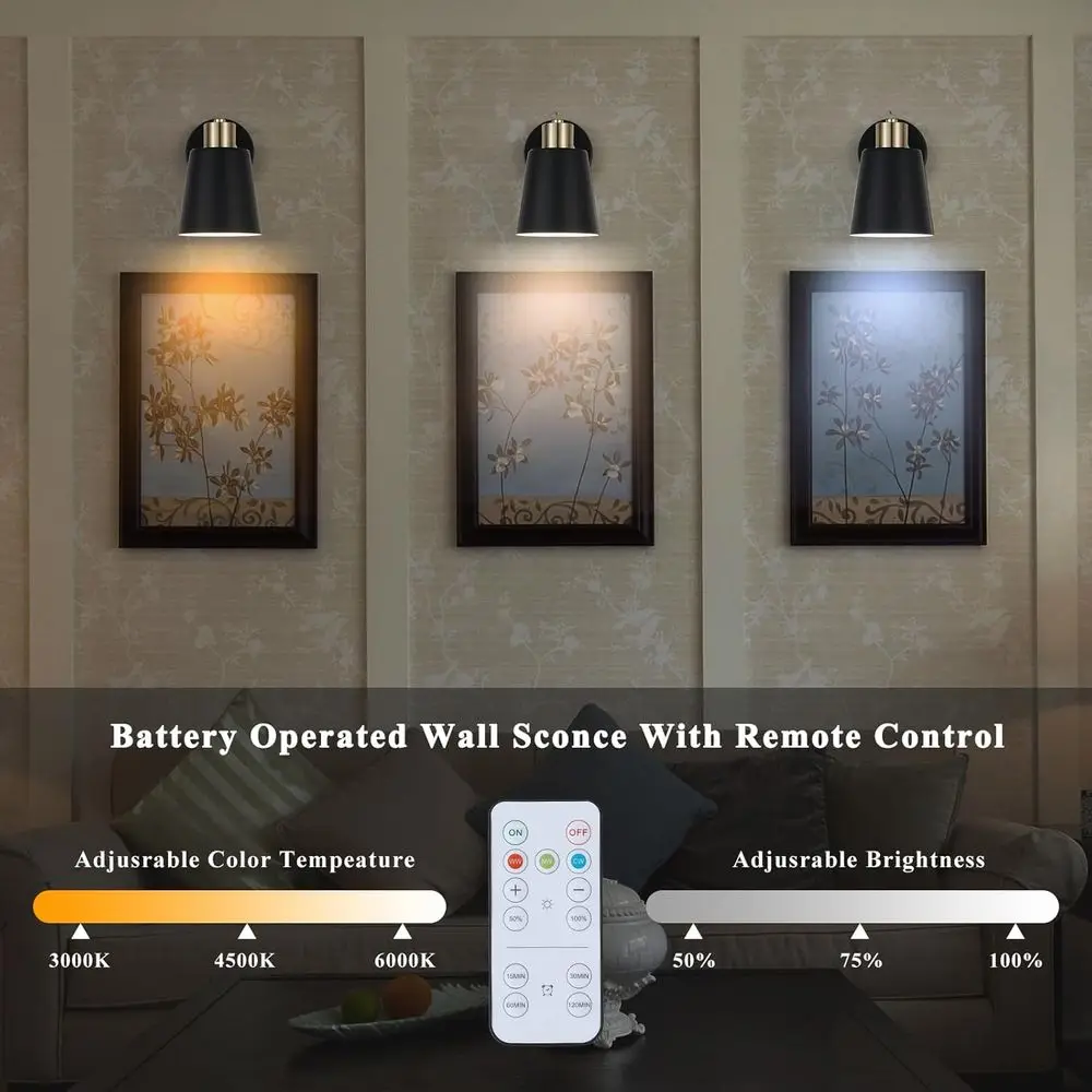 Set of 2 Battery-Powered Black & Gold Modern Wall Sconces with Remote, Dimmable LED Lighting for Indoor Rooms, Bulb Included
