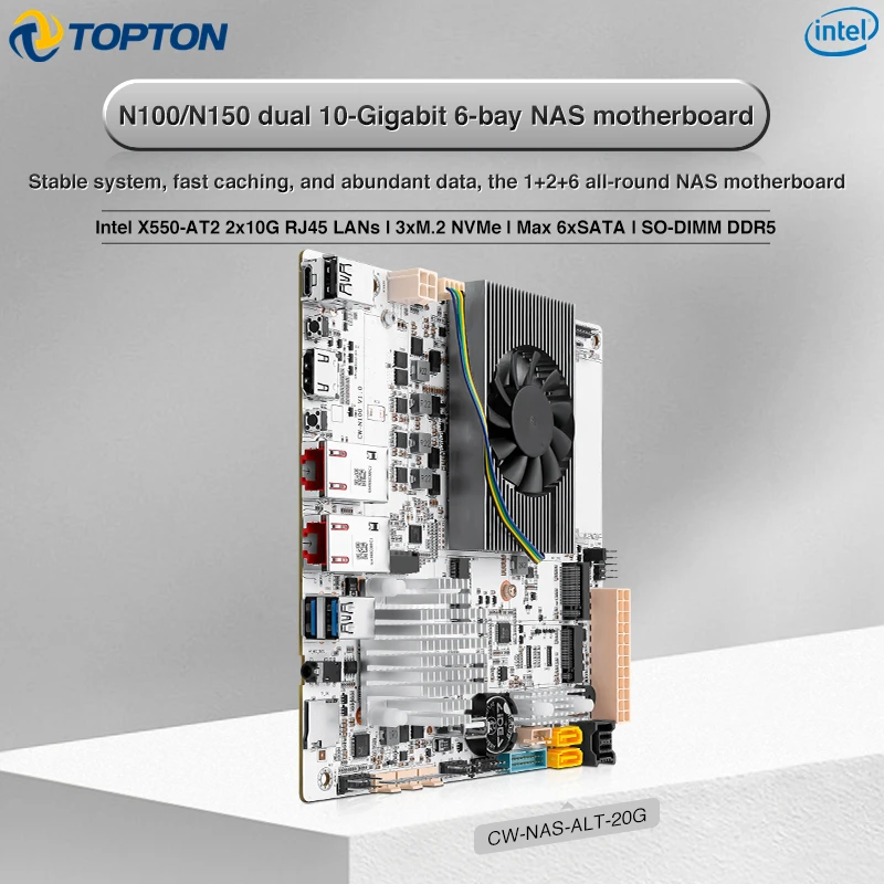 Topton 2x10G LAN NAS Motherboard Intel N150 2*X550-AT2 NICs 3*M.2 NVMe Max 6*SATA3.0 TF eMMC slot Firewall Mini ITX Mainboard