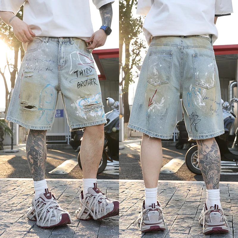 

3505summer American high-end trend graffiti printing holes loose all-matching jeans short men's pants