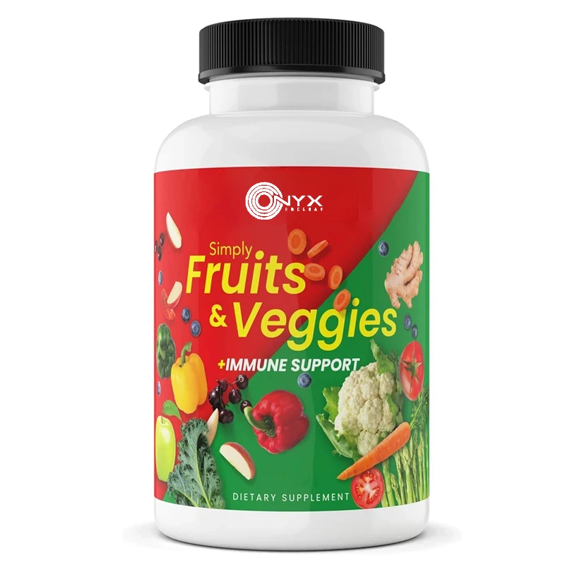Cápsulas de suplemento de frutas y verduras: vitaminas, antioxidantes y minerales esenciales: nutrición equilibrada y salud óptima.