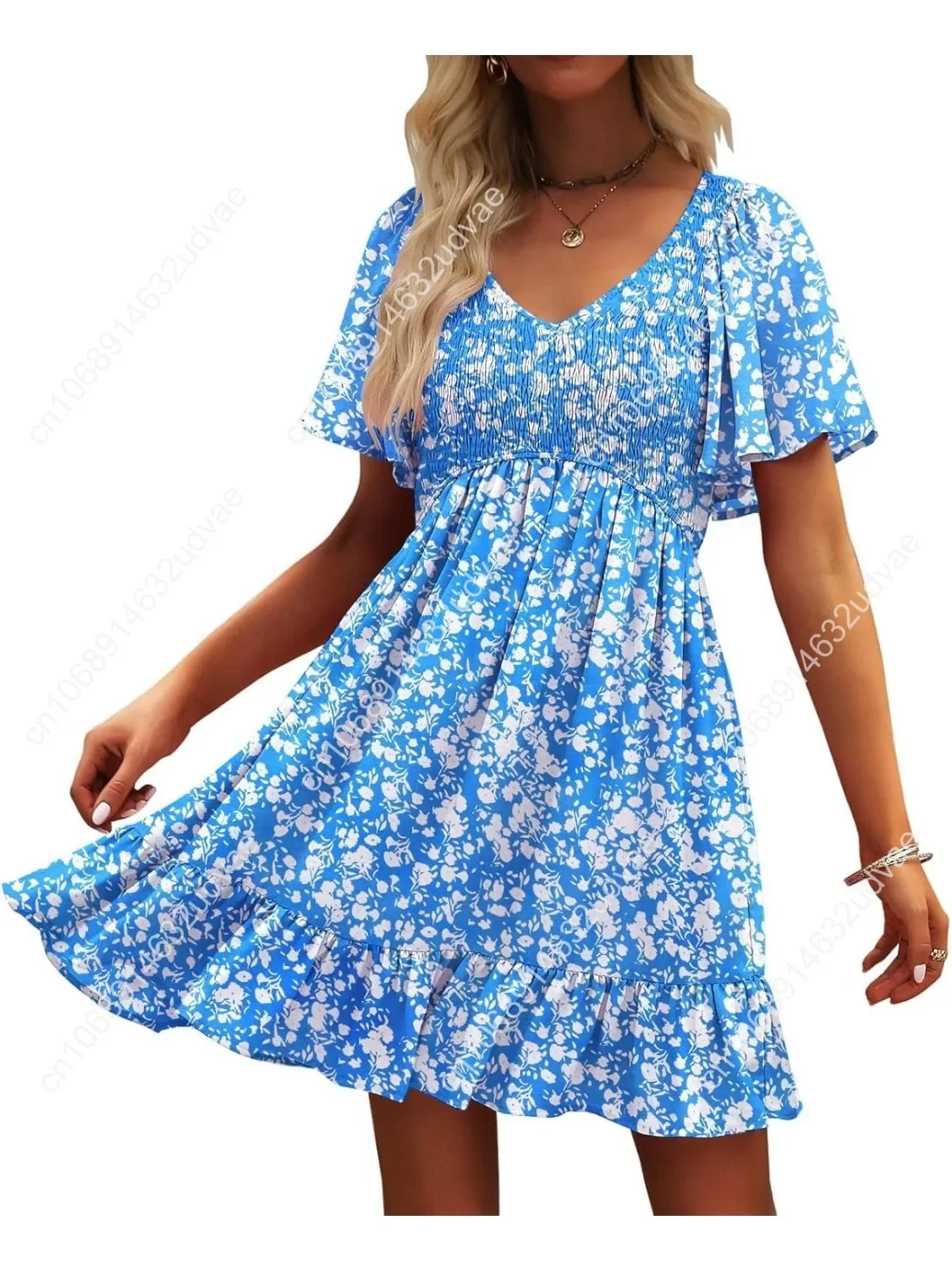 

Womens Cute Floral Smocked V Neck Flutter Sleeve Sundress with Pockets Casual Spring Summer Dresses for Women 2025