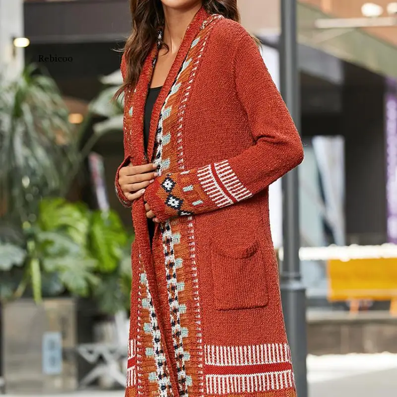 2022 Loose Knitted Autumn Winter Warm Coat Knitted Sweater Vintage Boho Cardigan Women Jumper Long Sleeve Long Sweater