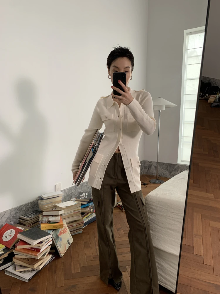 

Defn 2025aw Women's Casual Pants Wide Leg Zipper Design Versatile Model Friendly Slanted Pattern Comfortable Cotton Blend