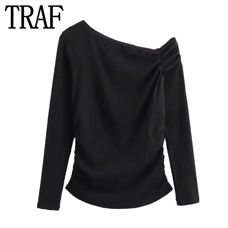 TRAF Off Shoulder White Woman Blouse Ruched Asymmetric Crop Top Women Autumn Fashion Long Sleeve T-Shirts Basic Women\'s Blouse