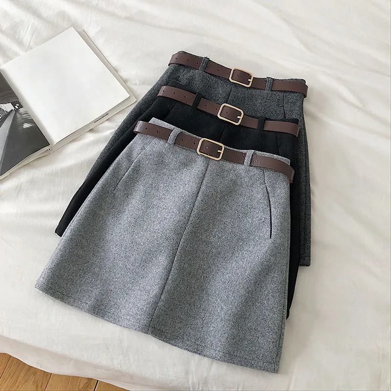 

Casual Korean Women Winter Mini A-Line Skirts Vintage Female Sashes High Waist Skirts Kawaii Students Empire Above Knee Skirt