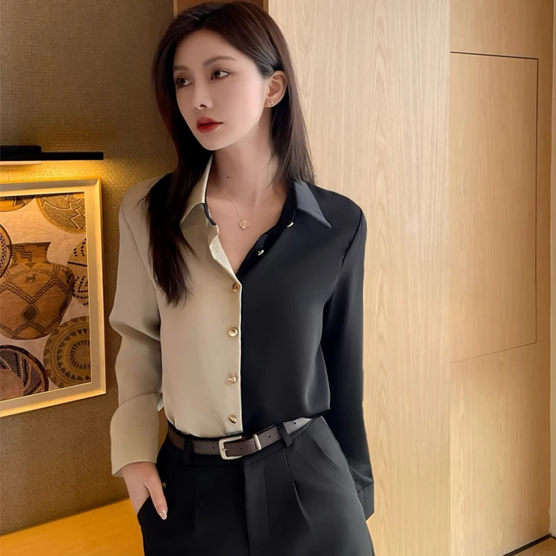 

New Autumn Women Contrast Color Splicing Chiffon Shirt Tops Office Lady Elegant Turn Down Collar Casual Blouse Female Clothing