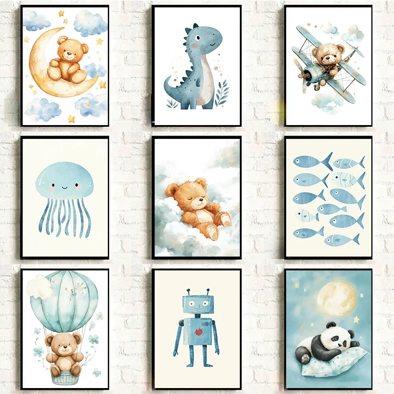 Cartoon Animal Hugs a Paintbrush – Cute Watercolor Mural Frameless Canvas Poster for Kindergarten Children's Home Wall Decor