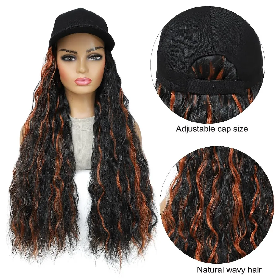 قبعة بيسبول باروكات مع وصلات شعر مموجة للجسم مرفقة للنساء تصفيفة شعر صناعية مجعدة مقاومة للحرارة قابلة للتعديل #4