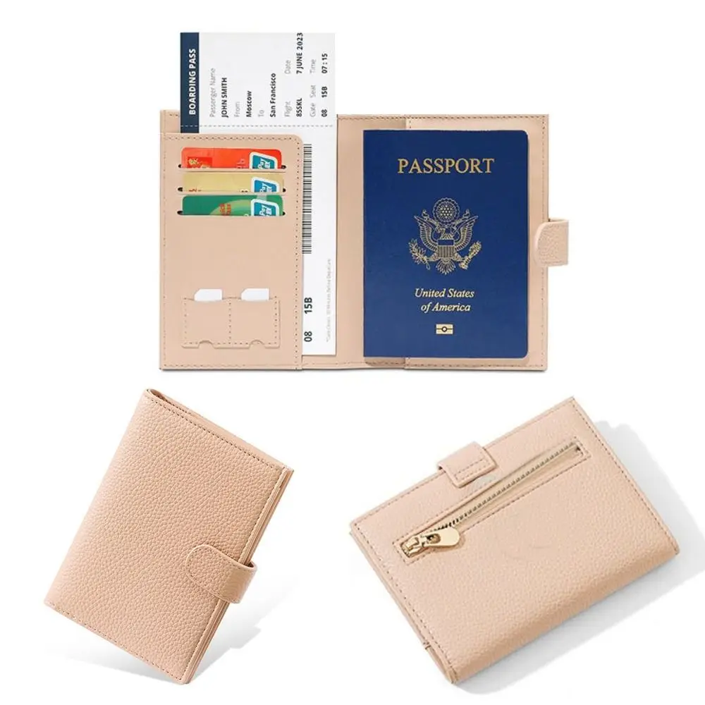 RFID Antimagnetic PU Leather Passport Cover Zipper Pocket Airplane Check-in Passport Ticket Holder Credit ID Card Travel