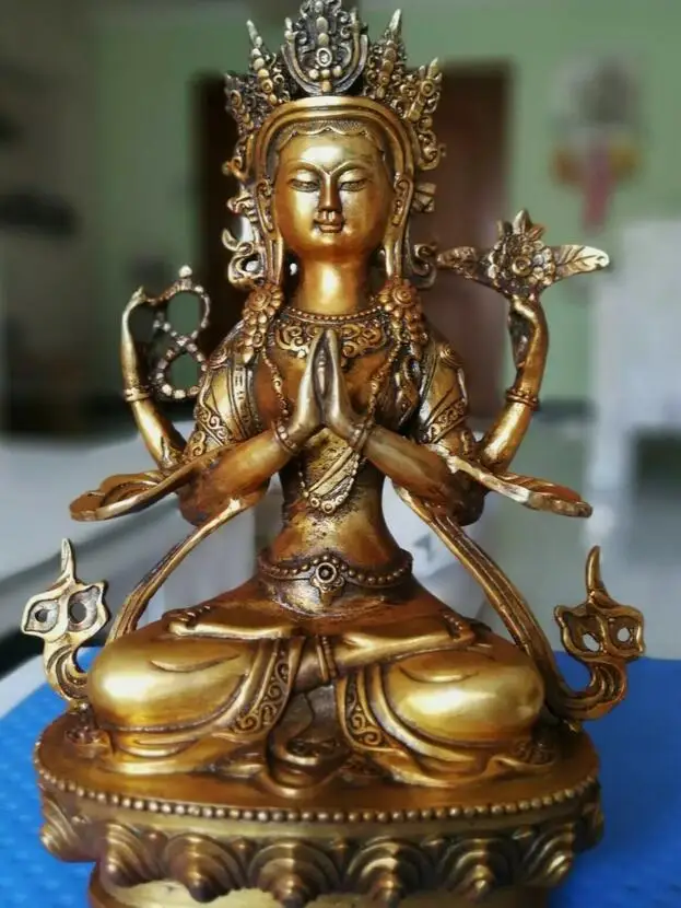 Buddhism Buddha Divinity bronze avalokiteshvara Chenrezig Kwan-yin 4 arms Statue