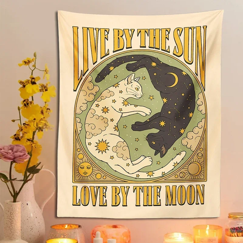 Sun Moon Cat Tapestry Wall Hanging Tarot Retro Black White Cat Psychedelic Love Star for Living Room Home Dorm Decor Cloth Gift