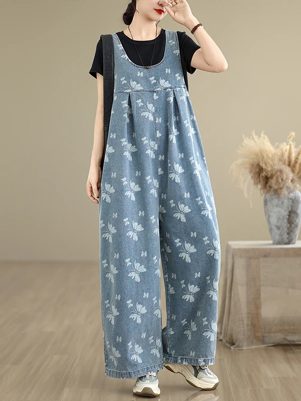 أفرول جينز نسائي عصري بمقاسات كبيرة، تصميم صيفي جديد بطباعة عتيقة، بنطلون جينز فضفاض بأرجل واسعة وخصر مرتفع