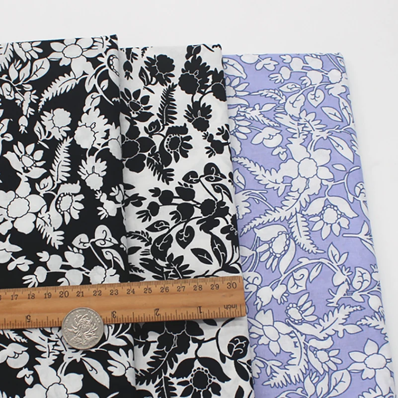 Black White Purple Floral Printed Fabric Pure Cotton for Summer Dresses Clothes by Half Meter