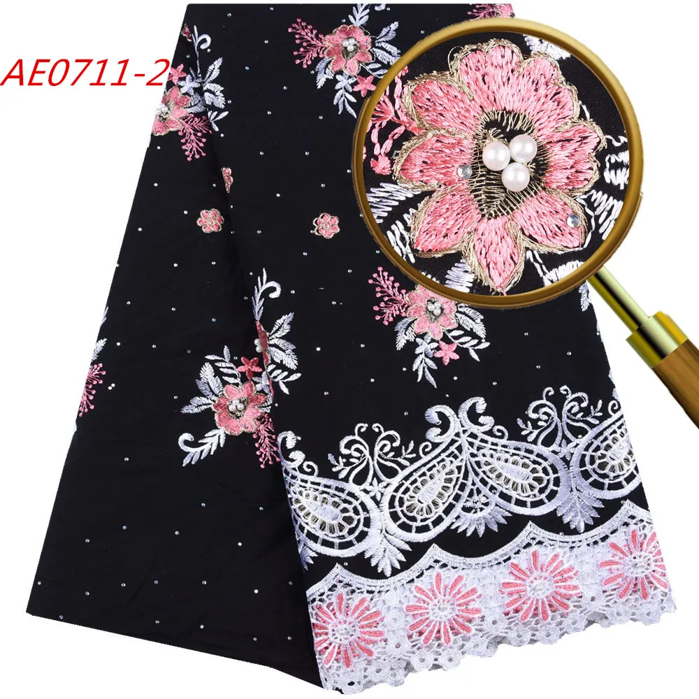 Black Nigerian Swiss Voile Lace Fabric 2024 High Quality African Cotton Lace Fabric Crystal Dubai Embroidered Cotton Dress A1673