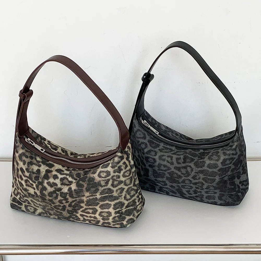 

Leopard Underarm Bag for Women Korean Style Chic Soft Zipper One Shoudler Bags Winter High Grade All-Match Handbags