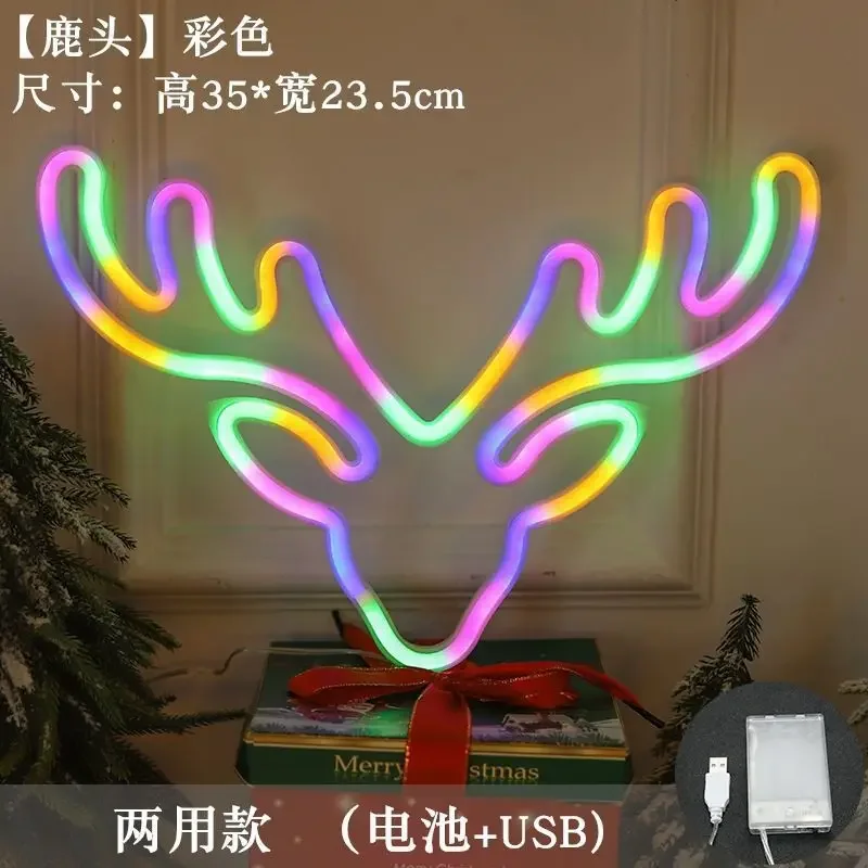 Deer Head LED Neon Light Sign Nightlight Lamp Christmas Hat Elk Tree Snowflake Decor Room Wall Shop Birthday USB & Battery