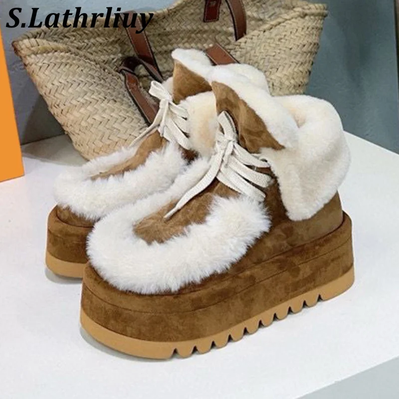 

Winter Thick Soled Height Increasing Fur Integrated Snow Boots Women Plush Lining Warm Short Boots Warm Real Wool Ankle Botas