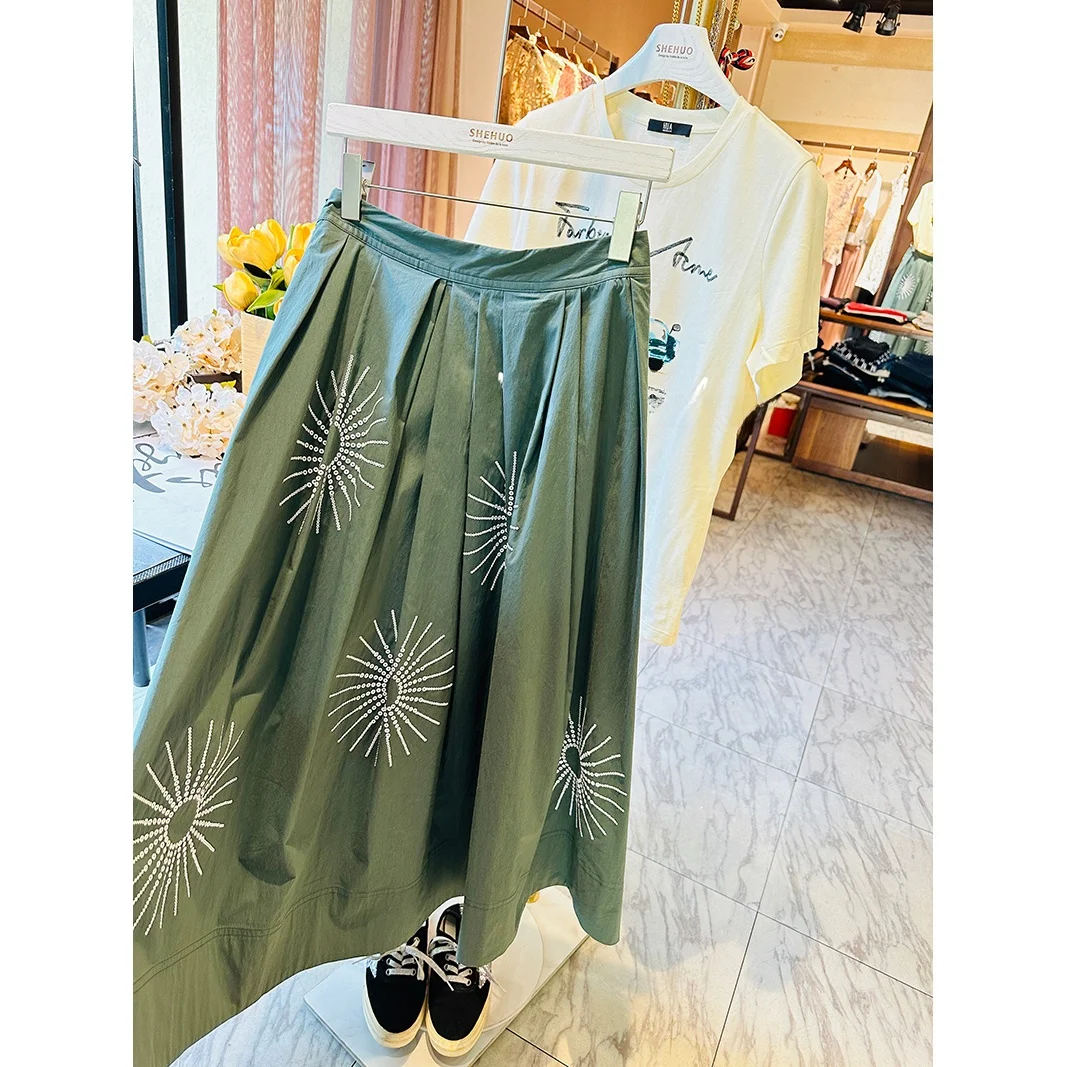 

Elegant Mountain Stream Green Embroidered Bead Skirt High Waist A-Line Cotton Blend Shiny Street Style for Young Women