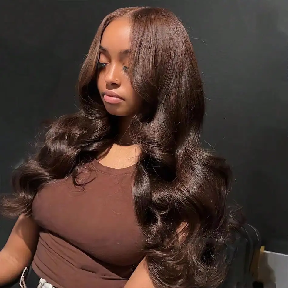 

200% Density Chocolate Brown Body Wave Human Hair Wig 100% 13x4 HD Lace Front Wigs Transparent #4 Colored Lace Frontal Wig
