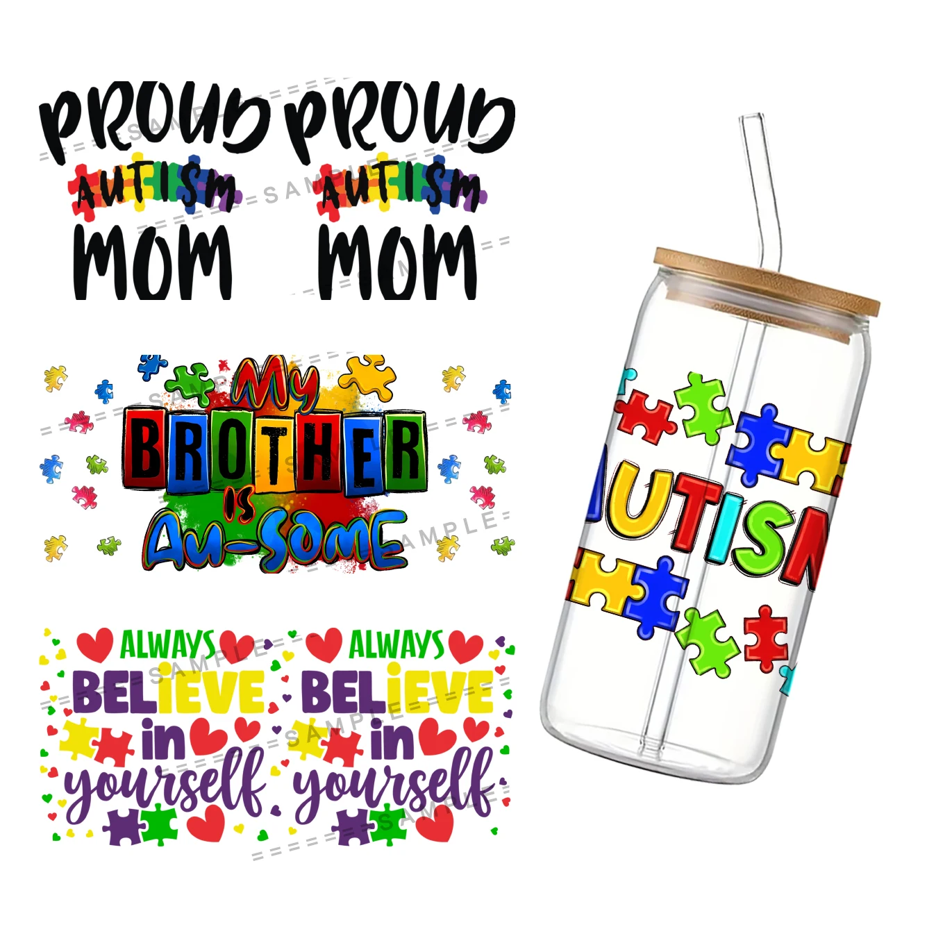 Autism Waterproof Decal UV DTF Cup Wrap 16oz For Libbey Glass Permanent Adhesive Ready To Apply No Heat Needed