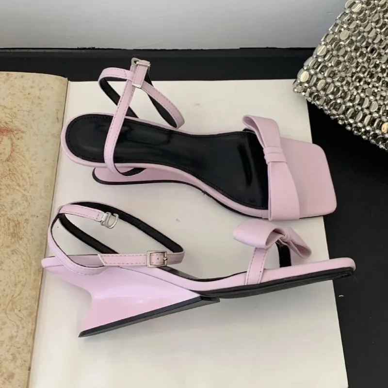 Pink Bow Line Band Wedge Women Sandals 2024 Explosive Summer New Open Toe Lace-up Heel Shoes