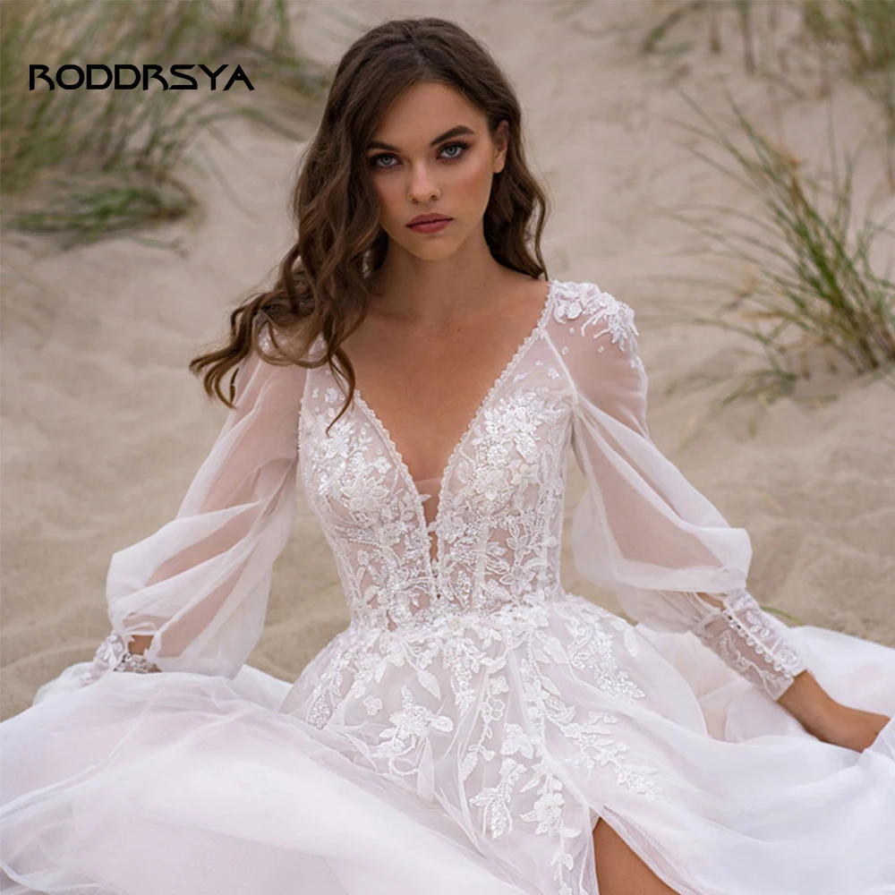 Roddrsya Strand V-hals Bruiloft Dresslantern Mouwen Hoge Split Backless Bruid Gown Lace Applique Tulle Custom Made Robe De Mariee