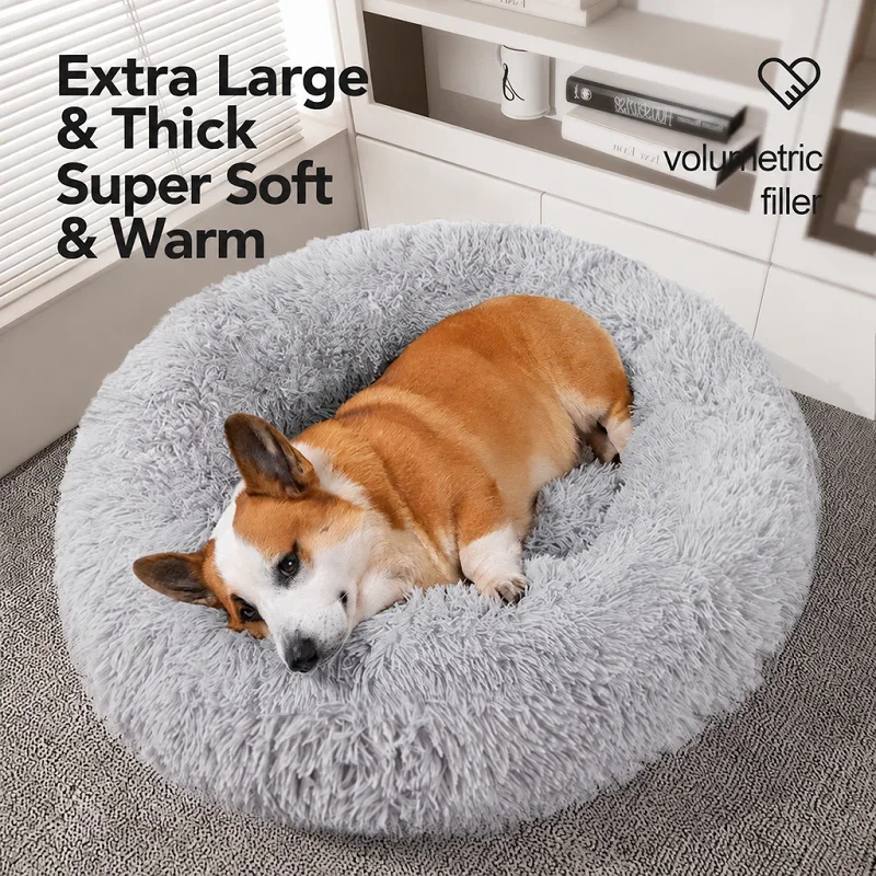 Long Plush Fluffy Dog Bed Winter Warm Round Pet Nest PP Cotton Filled Anti-Slip Bottom Soft Cozy Sleeping Bed For Dogs Cats