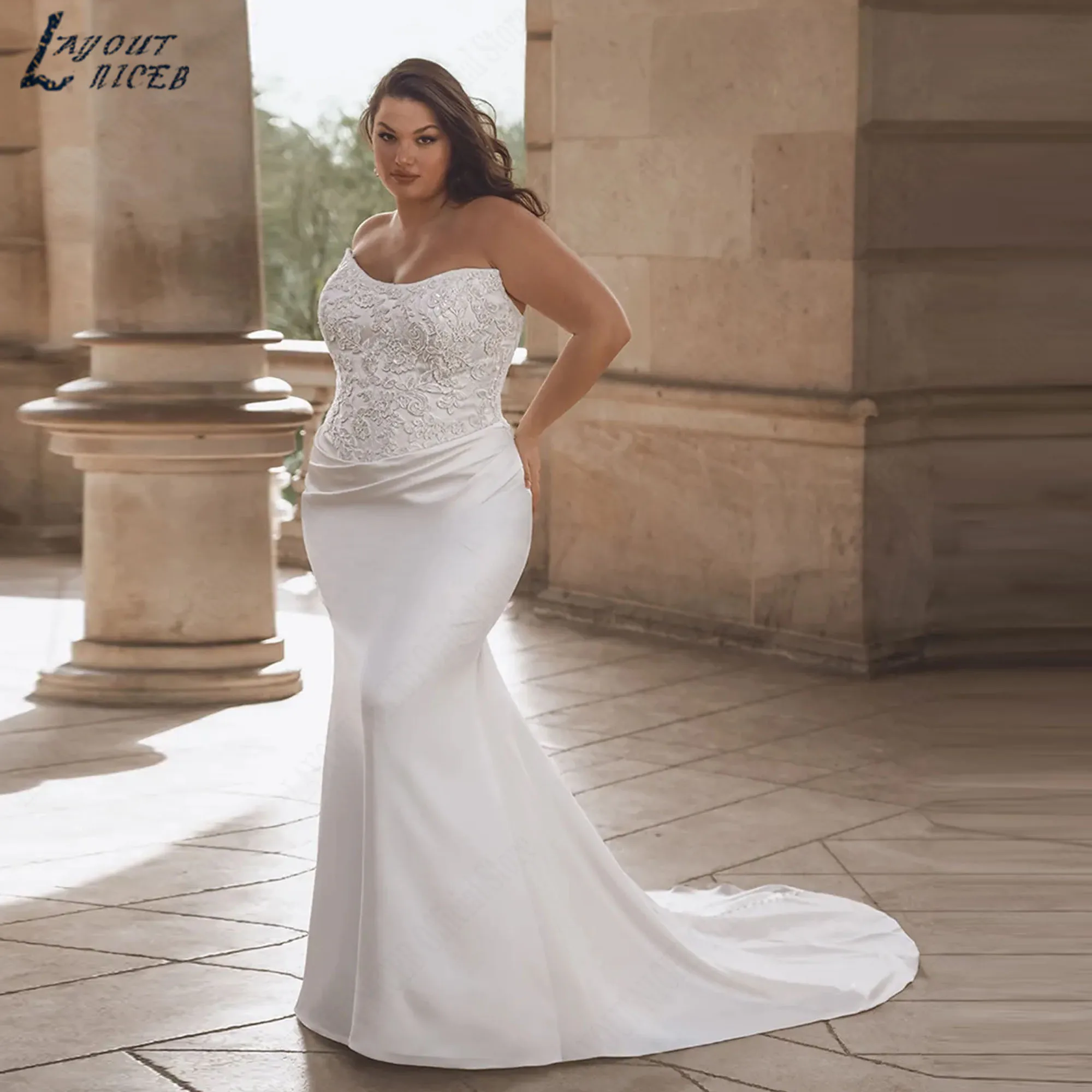 Plus Size Mermaid Wedding Dress for Curvy Luxury Satin Appliques Bride Gown Strapless Backless Buttons vestidos novia Customized