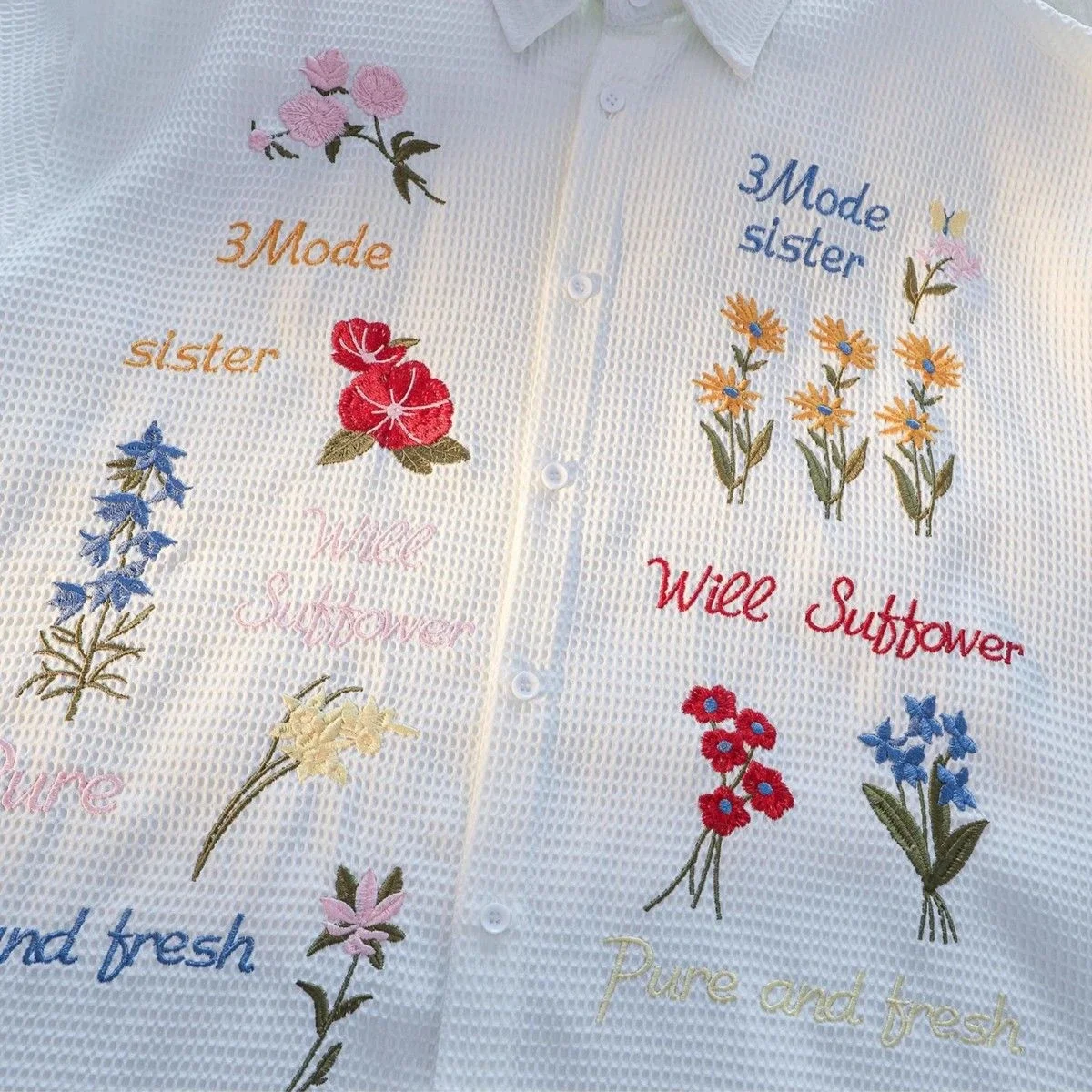 Waffle Floral Embroidery Shirts Women Loose Short Sleeve Unisex Leisure Chic Holiday Couples Clothing American Style Retro 3XL