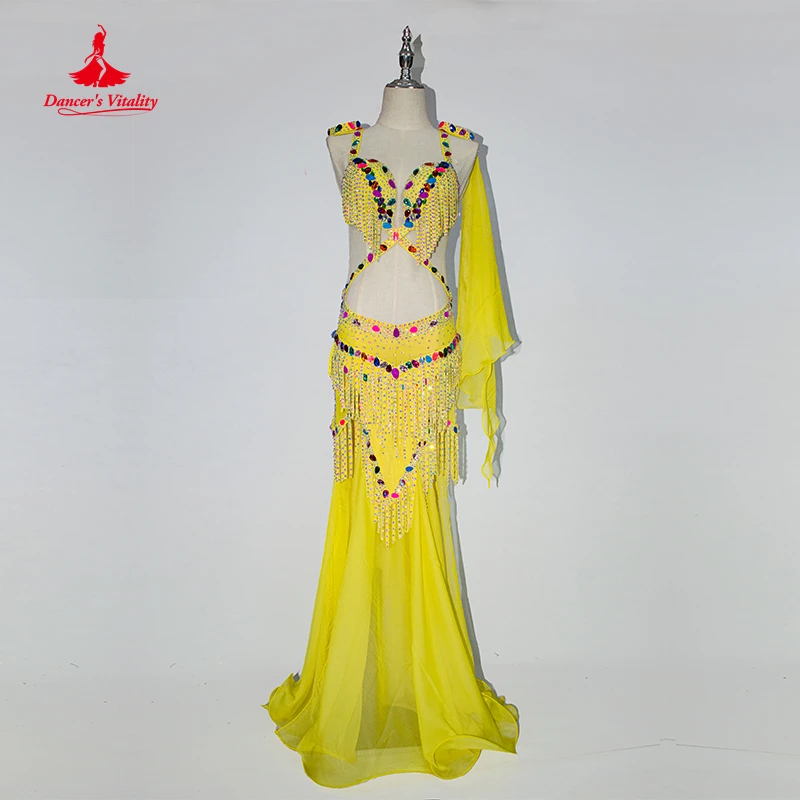 

Belly Dance Performance Custome Suit Colors Stones Bra+chiffon Long Skirt 2pcs Customsized Adult Children Oriental Stage Outfit