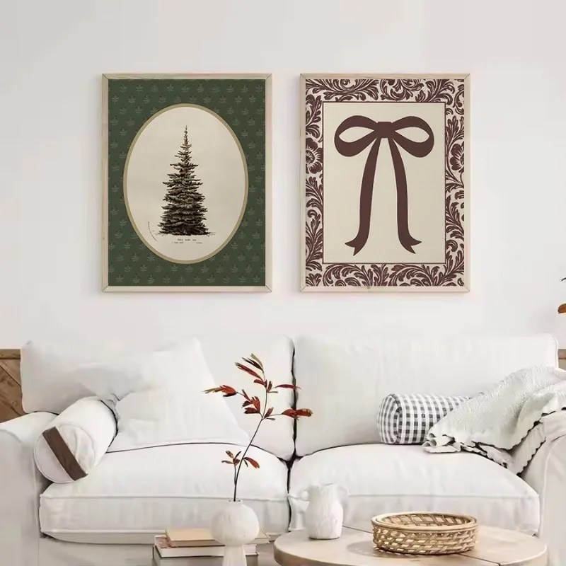 Vintage Christmas Tree Sketch Winter Botanical Bow Holiday Cottagecore Poster Canvas Painting Wall Art Pictures Home Decor