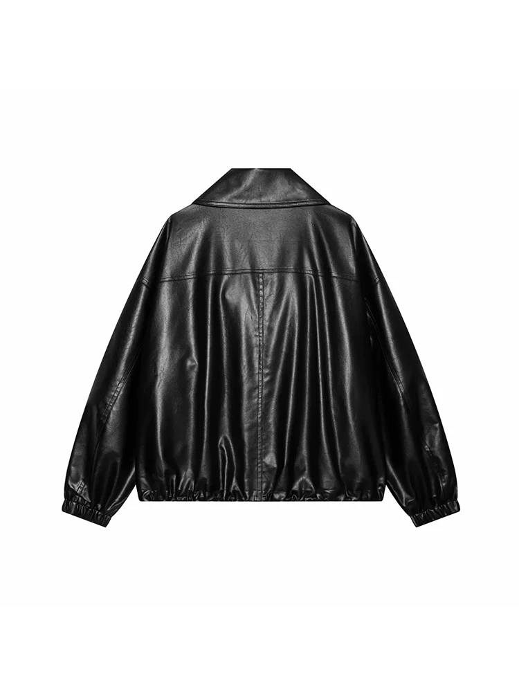 Women Elegant Zipper PU Leather Jacket Women Long Sleeve Lapel Loose Pockets All-match Jacket Street Lady Coat