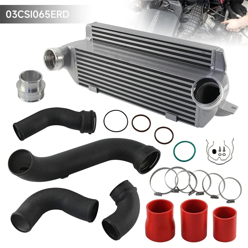 Competition Bar & Plate Intercooler + Super Charge Pipe Kit For BMW N55 E8X E9X E82 E88 E90 E91 135i 335i Black/Red Aluminum