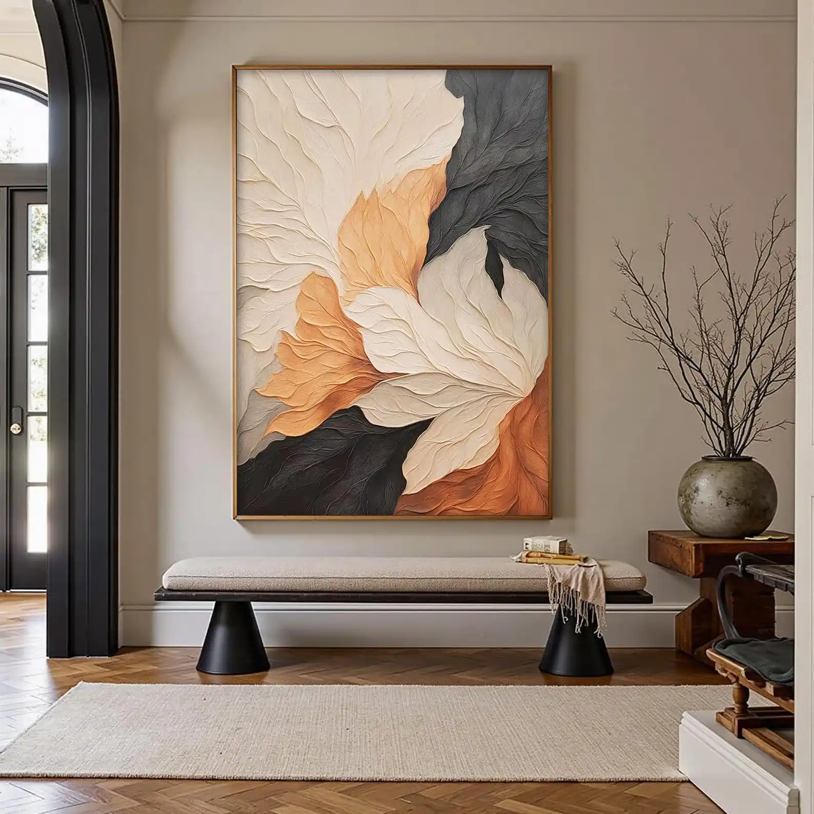 

Картина маслом Mhemyo Beige Black 3D с текстурой, ручная работа, абстрактный лист, на холсте, минималистичный декор в стиле Ваби-Саби для гостиной
