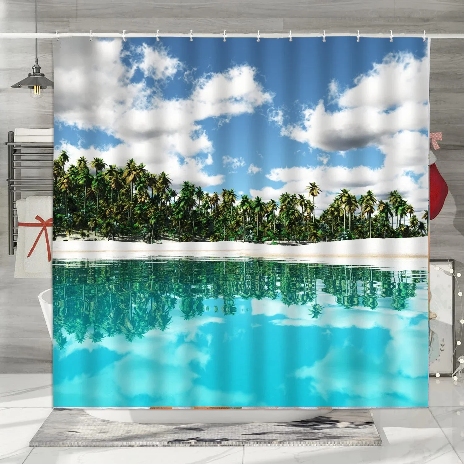 Seaside Scenery Shower Curtain, Ocean Beach Starfish Seashells Sand Dunes Palm Leaves Nature Scenery Bathroom Decorative