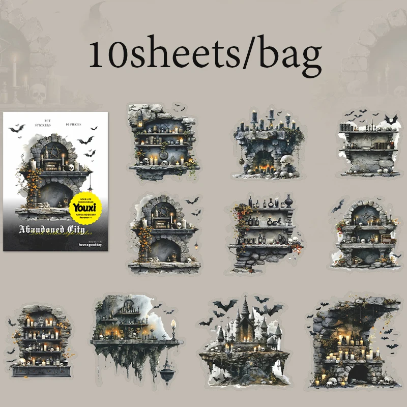 10 Blatt/Beutel Gothic Abandoned City Scenery Aufkleber für Scrapbooking Planer Notebook DIY Handyhülle Dekoration Büro Geschenk – Detail 19