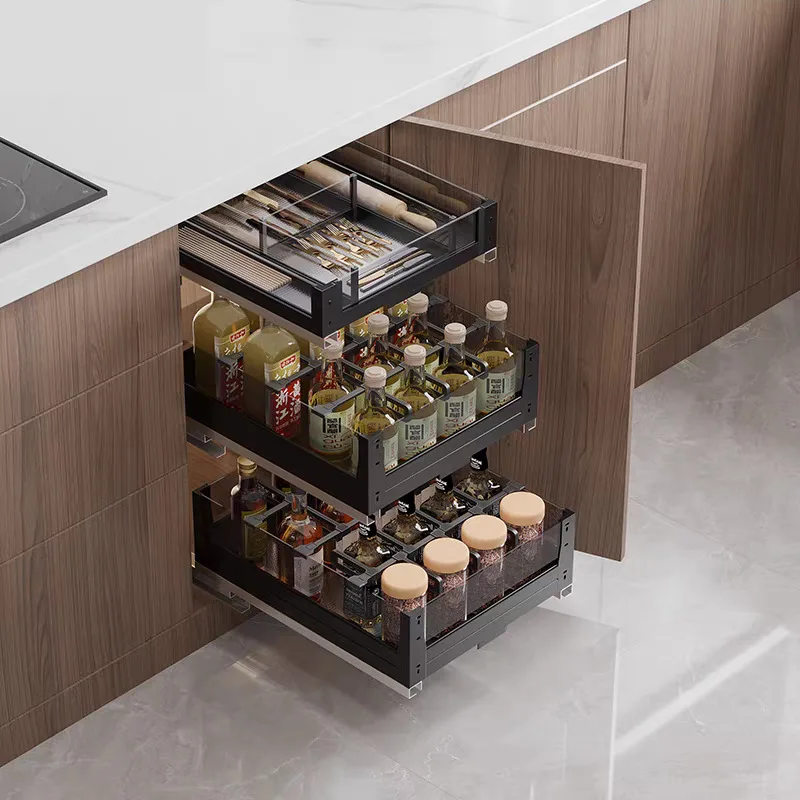 

Black amethyst kitchen cabinets pull baskets, kitchen tools draw dividers, three-layer dish storage, glass shelves