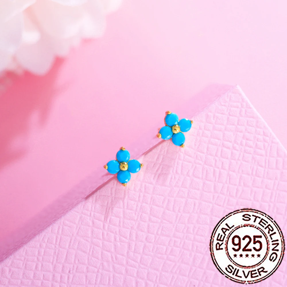 CWWZircons Mini-Piercing-Ohrringe aus 925er-Sterlingsilber, niedliche Blatt-Blume, blau, türkis, für Damen, Hochzeit, Party, edler Schmuck SE075 – Detail 11