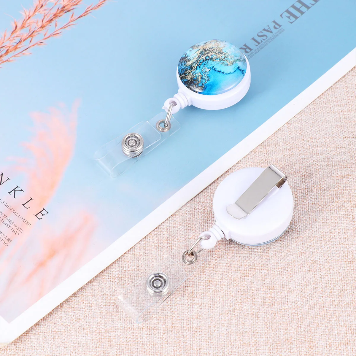 2Pcs ABS Retractable Badge Holder Nurse Doctor Student Exhibition Id Clips Badge Reel White Belt Clip Blue