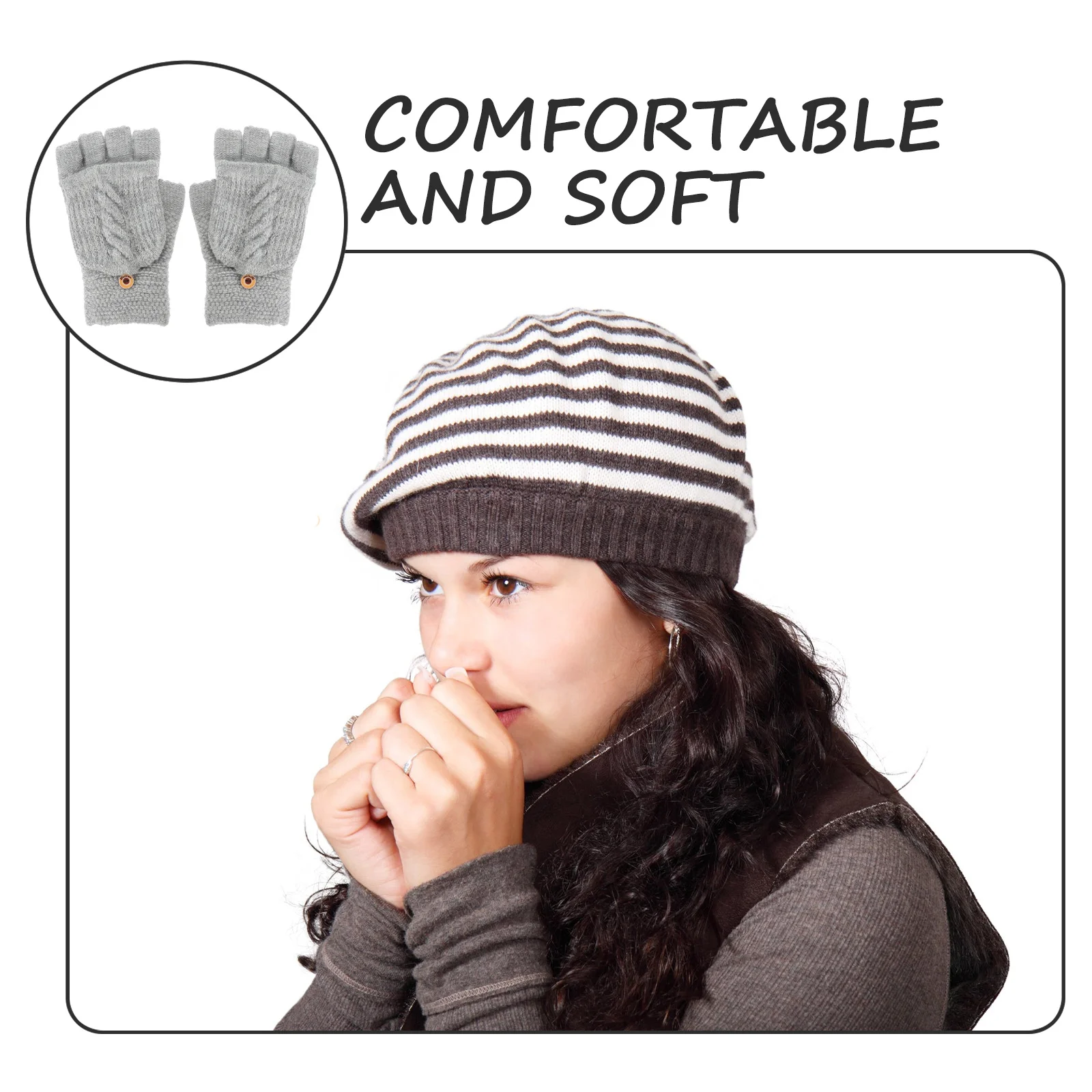 1Pair Fingerless Gloves Women Warm Convertible Mittens Half Finger Flip Soft Cashmere Acrylic Fiber Outdoor Convertible Gloves