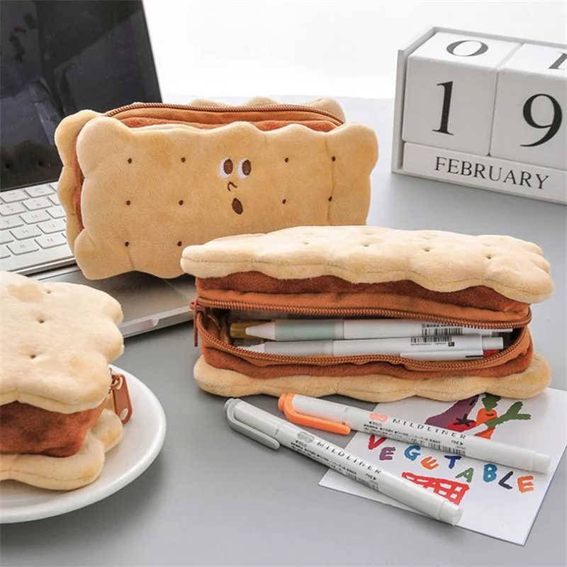 Kawaii Plush Cookies Lápis Case, Bonito Dos Desenhos Animados Caneta Sacos, Caixa Marrom, Alta Capacidade, Material Escolar, Estacionária para Meninas, Escritório