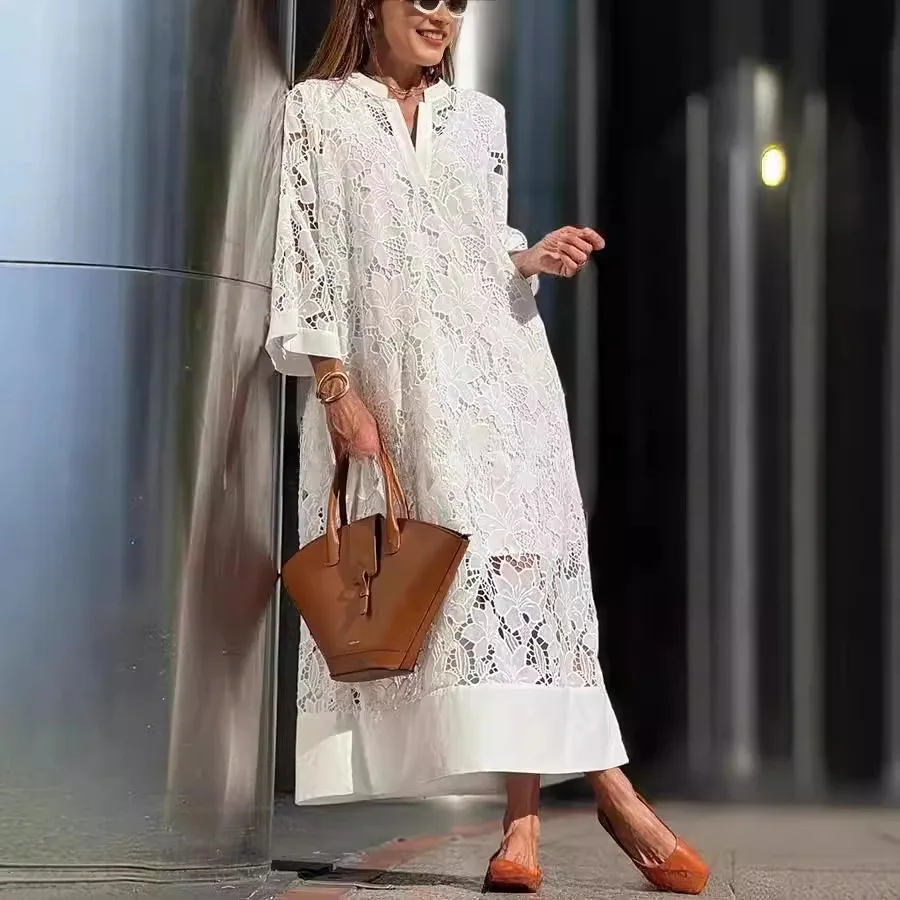 

Women Lace Silk Loose Long Solid Color Dress Hollow Out Loose Maxi Dress Summer Solid Color