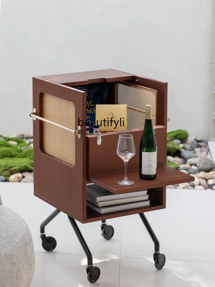 Cabinet with Trolley Coffee Table Side Table Mobile Side Cabinet Rattan Vintage Guest Restaurant Storage