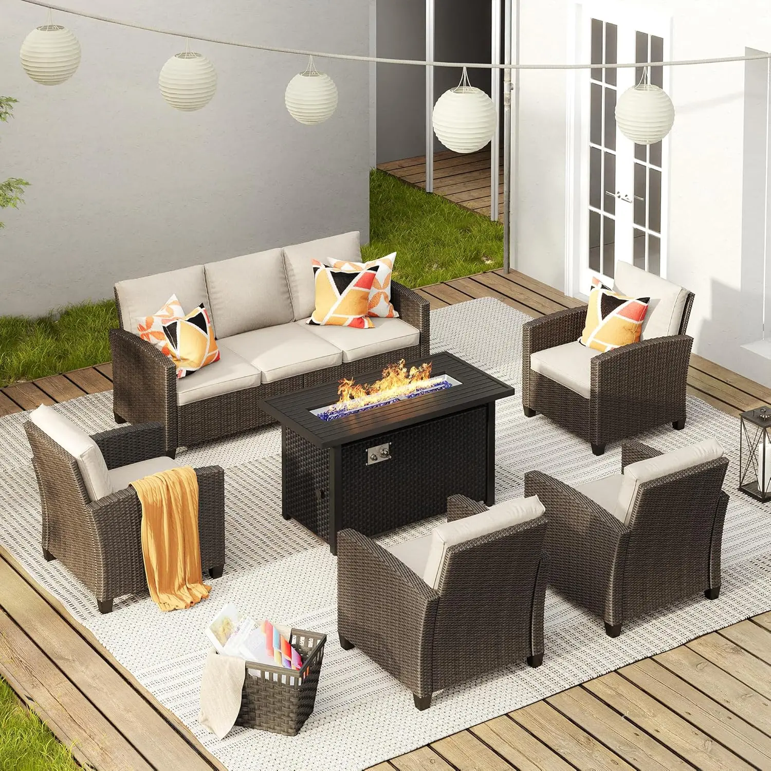 

Patio Furniture Set with Firepit Table, Outdoor with Sofa,Single Wicker and Metal Top Fire Pit Table for Garden,Backyardide,