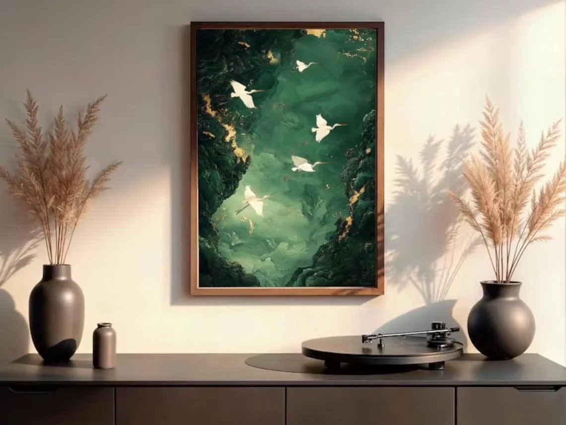 Emerald Green and Gold Wall Art, Flying White Herons Painting, Abstract Nature Canvas Print, Luxury Dark Green Decor, Large Fram