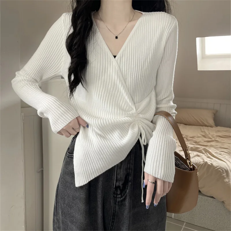 

Chic Women Sweaters 2022 Fashion Solid Color Long Sleeve Irregular Tops All-Match Bandage Slim Knitted Sweater