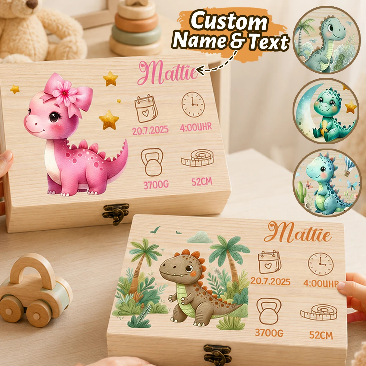Custom Dinosaur Wooden Keepsake Box, Personalized Name & Birth Details Memory Box, Customizable Keepsake Chest, Birthday